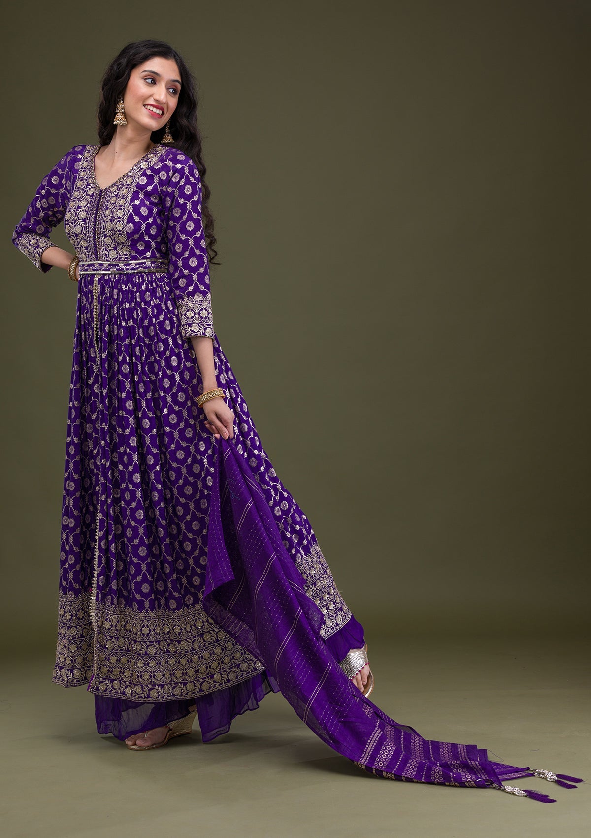 Purple Zariwork Art Silk Readymade Salwar Suit-Koskii