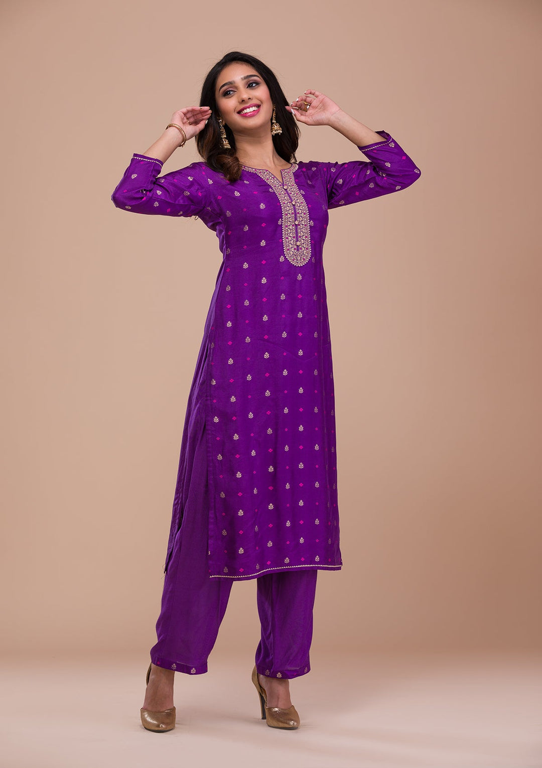 Purple Zariwork Art Silk Readymade Sharara Kameez