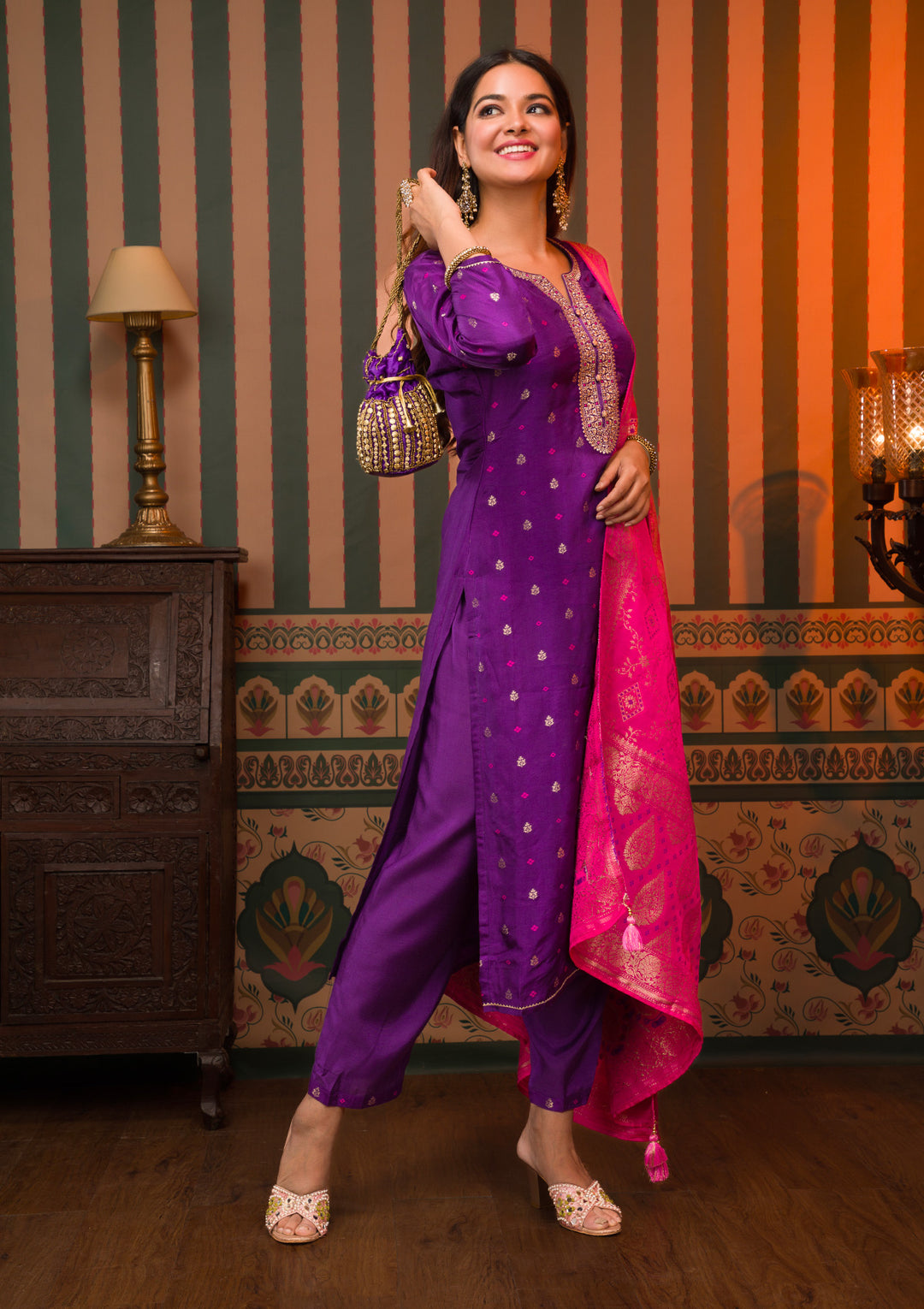 Purple Zariwork Art Silk Readymade Sharara Kameez