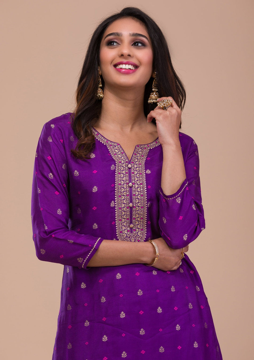 Purple Zariwork Art Silk Readymade Sharara Kameez