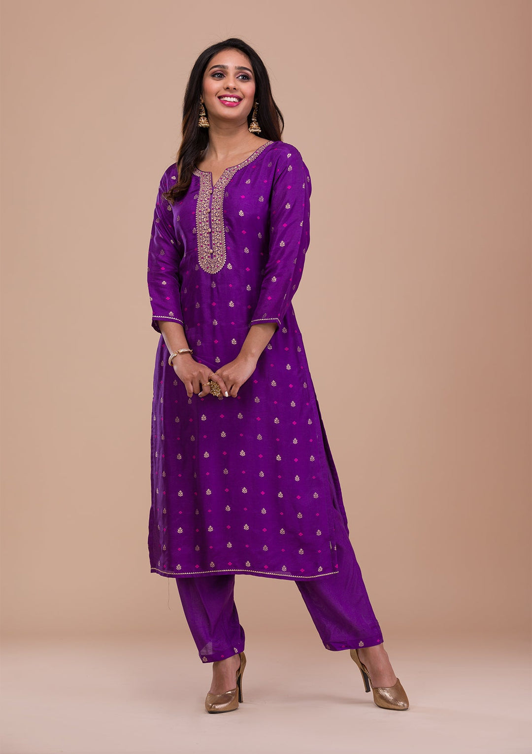 Purple Zariwork Art Silk Readymade Sharara Kameez