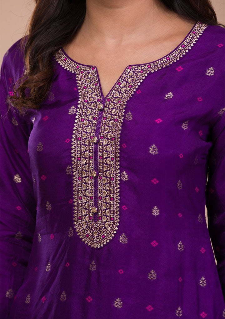 Purple Zariwork Art Silk Readymade Sharara Kameez