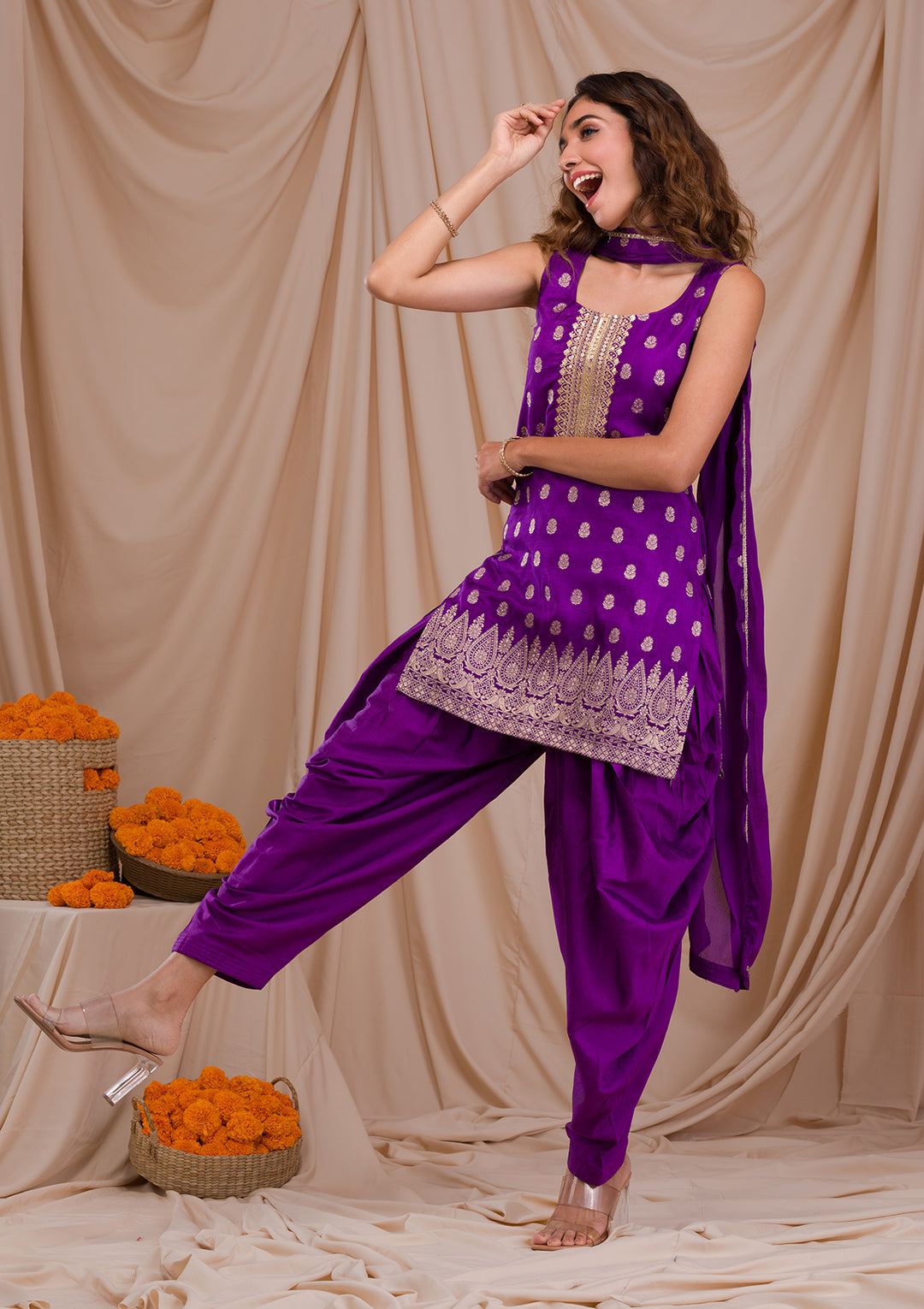 Purple Zariwork Banarasi Readymade Salwar Suit-Koskii
