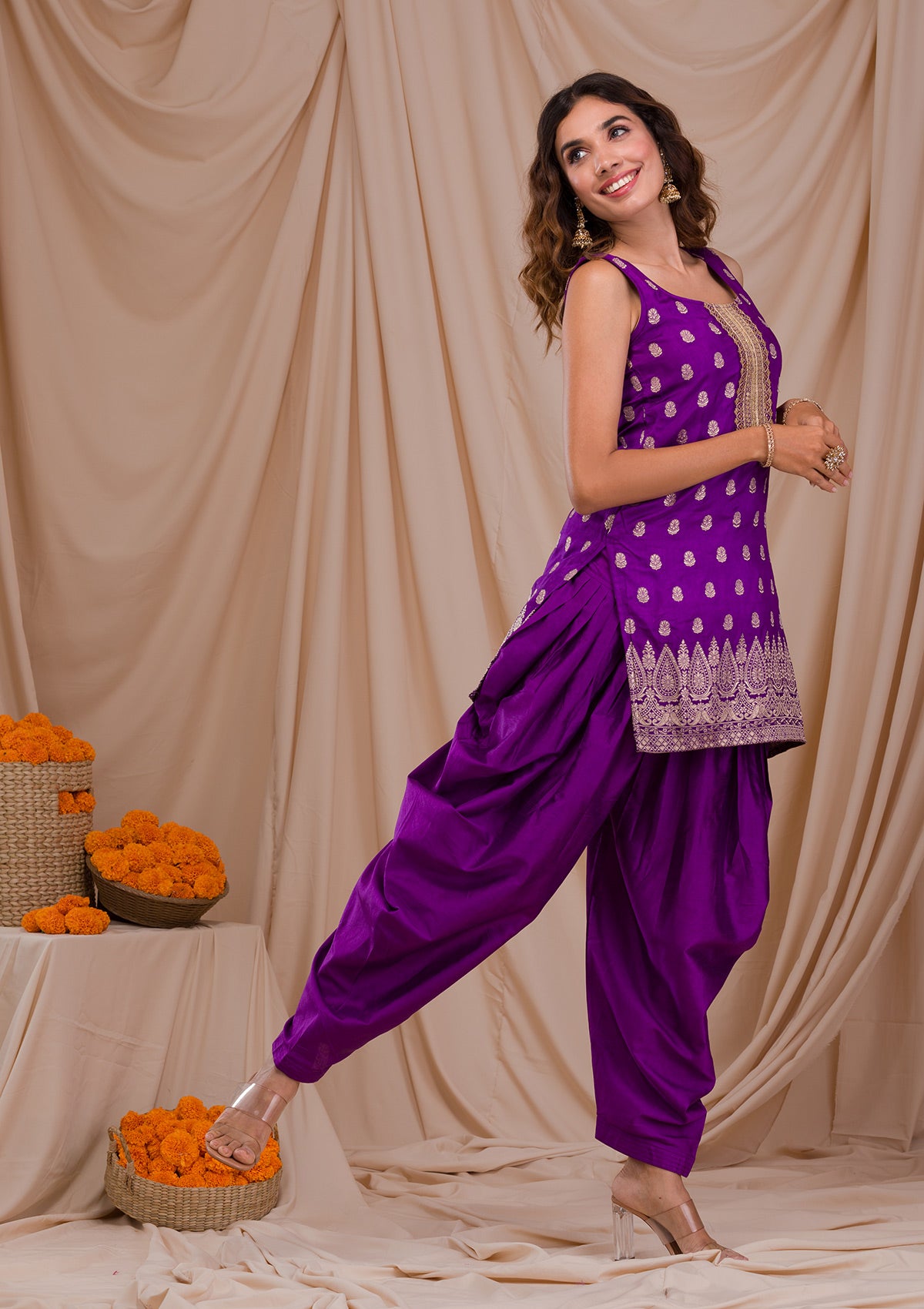 Purple Zariwork Banarasi Readymade Salwar Suit-Koskii