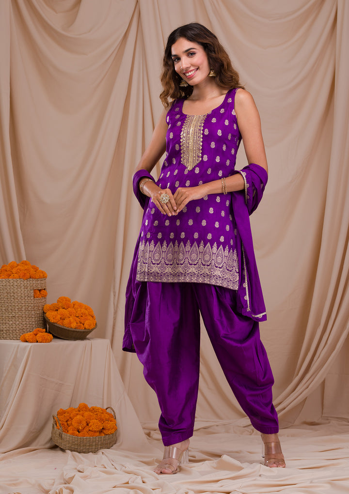 Purple Zariwork Banarasi Readymade Salwar Suit-Koskii