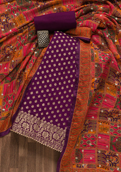 Purple Zariwork Banarasi Unstitched Salwar Suit-Koskii