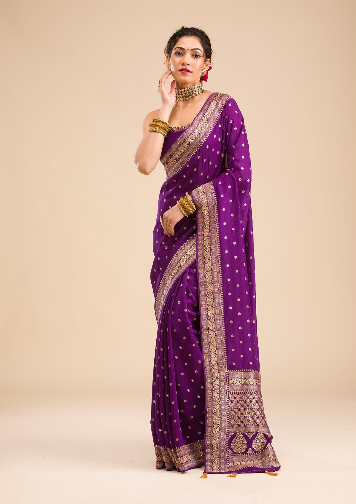 Purple Zariwork Banarasi Silk Saree-Koskii