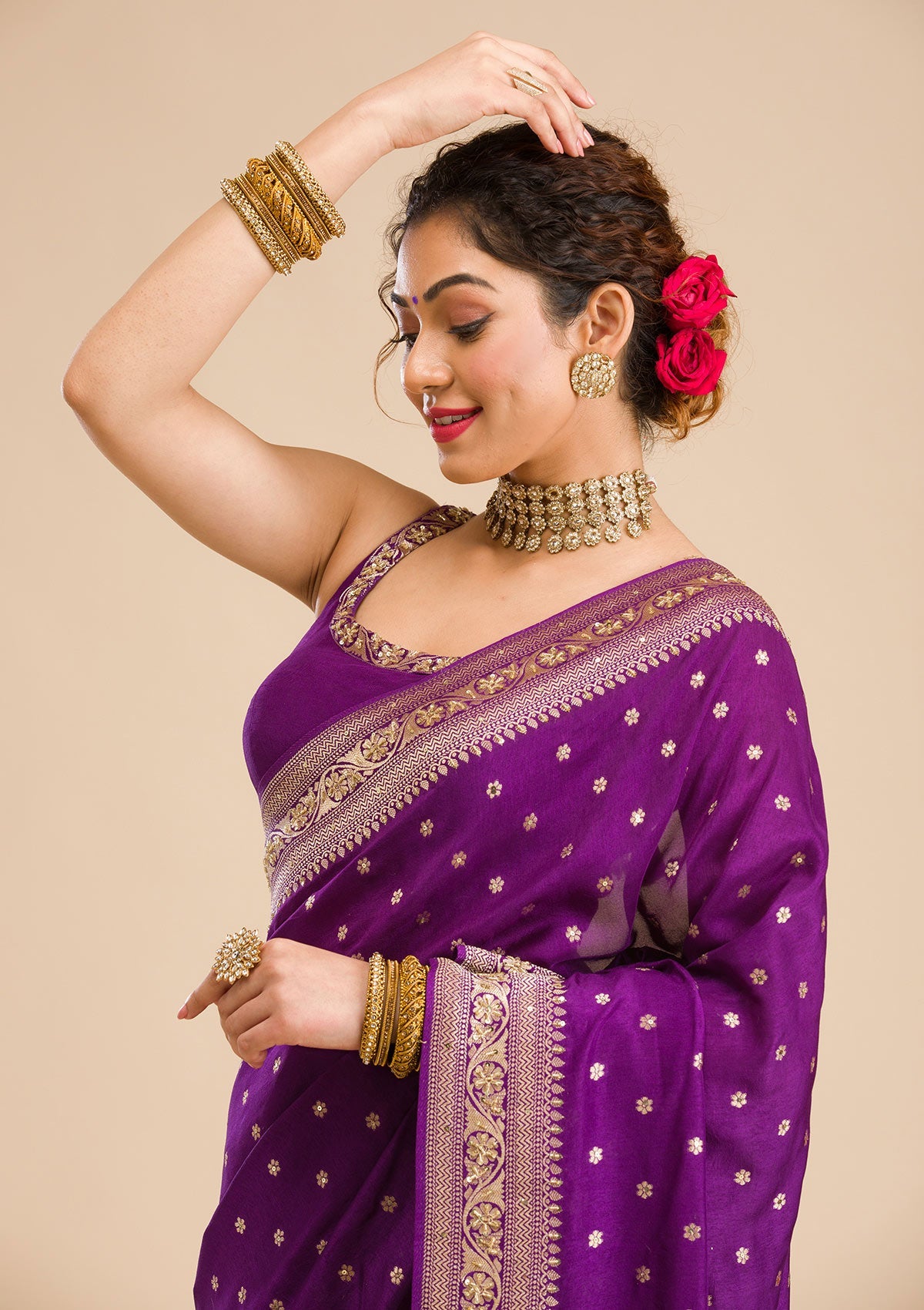 Buy Purple Zariwork Banarasi Silk Saree - Koskii