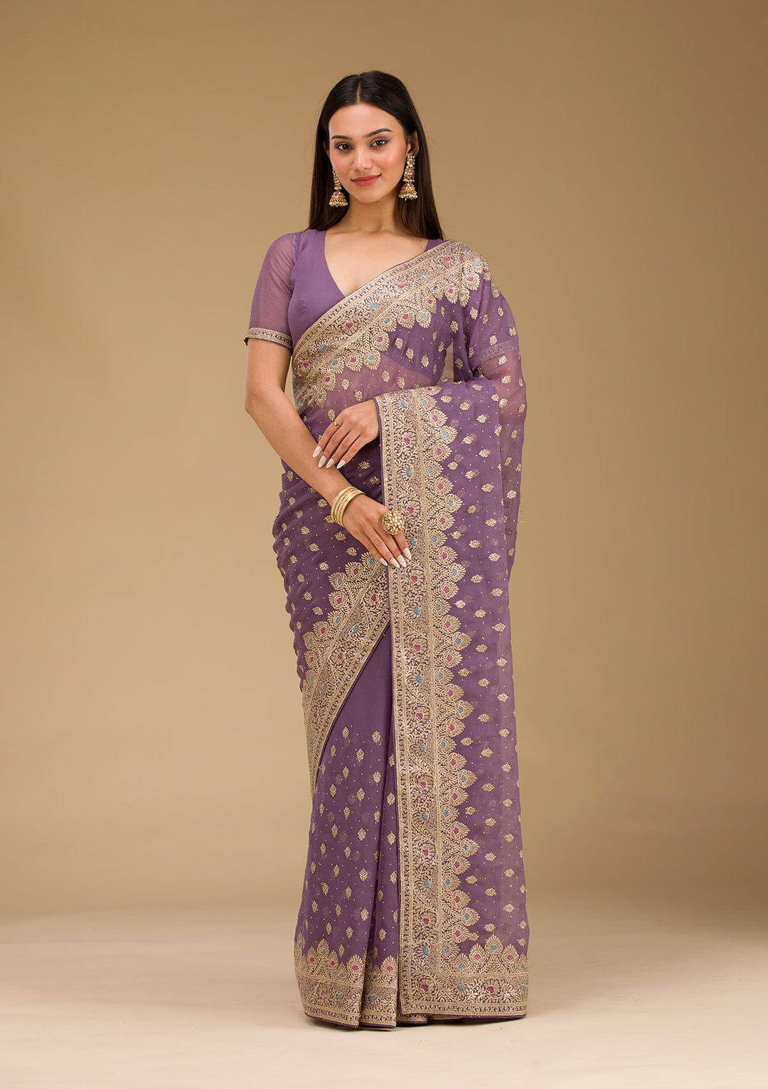 Purple Zariwork Chiffon Saree