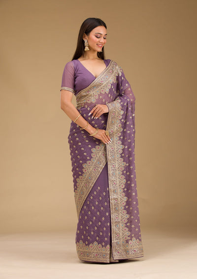 Purple Zariwork Chiffon Saree-Koskii