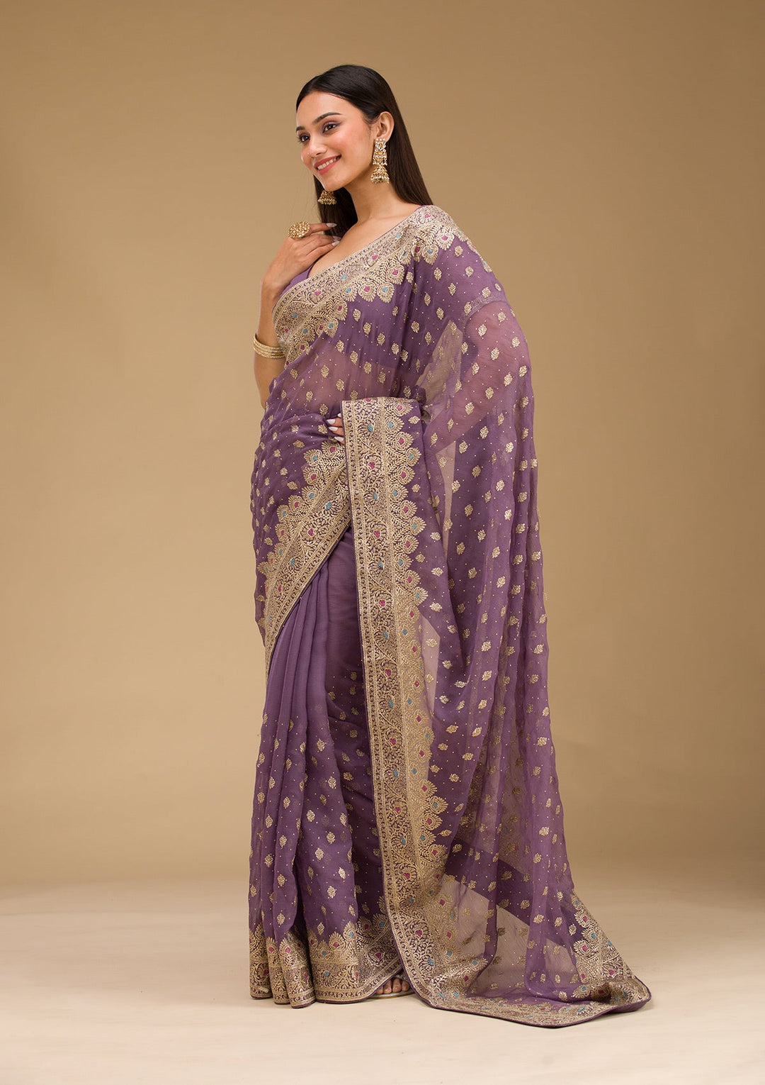 Purple Zariwork Chiffon Saree