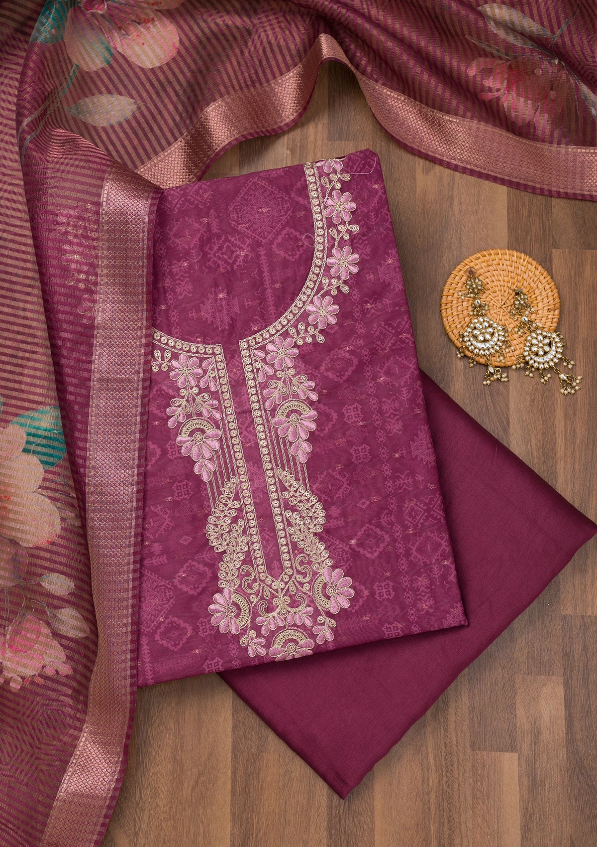 Purple Zariwork Cotton Unstitched Salwar Suit-Koskii