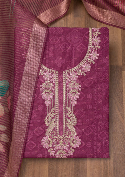 Purple Zariwork Cotton Unstitched Salwar Suit-Koskii