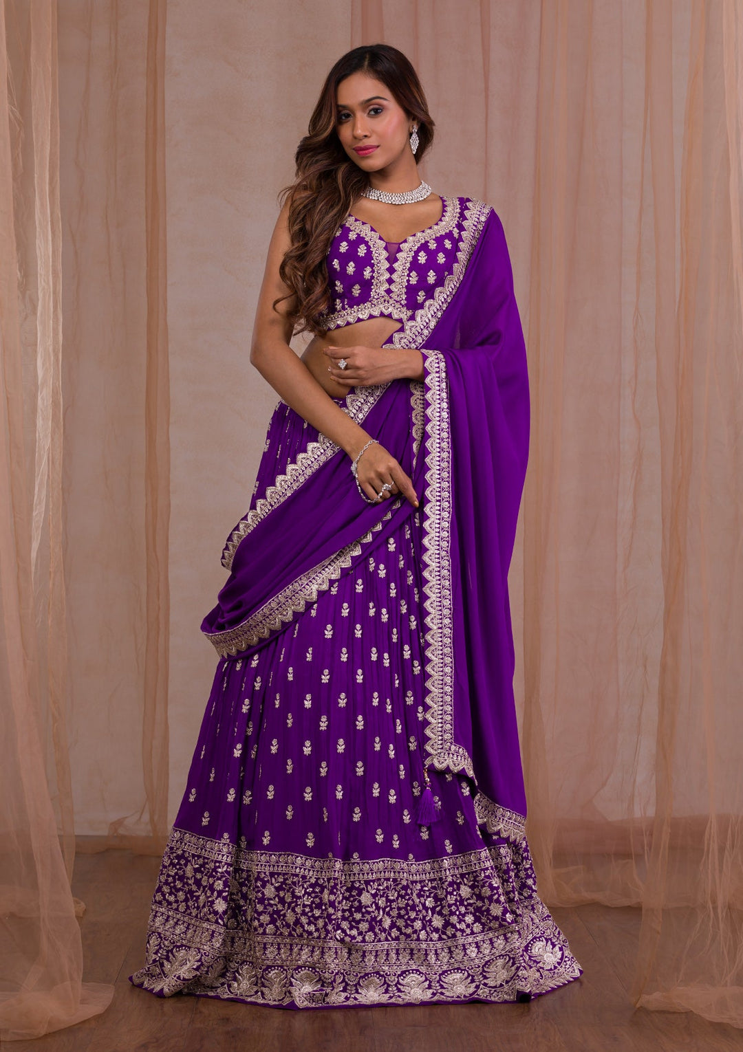 Purple Zariwork Crepe Readymade Lehenga-Koskii