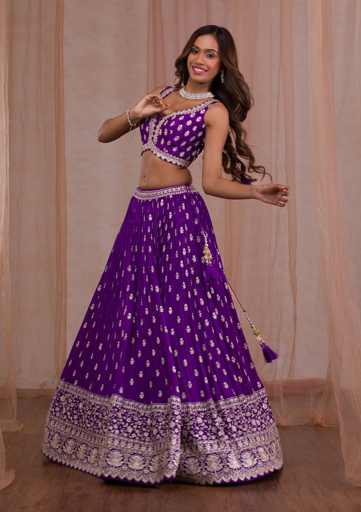 Purple Zariwork Crepe Readymade Lehenga-Koskii