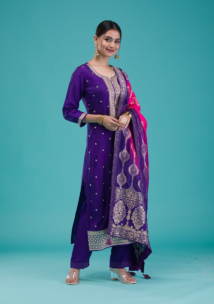 Purple Zariwork Crepe Readymade Salwar Suit-Koskii