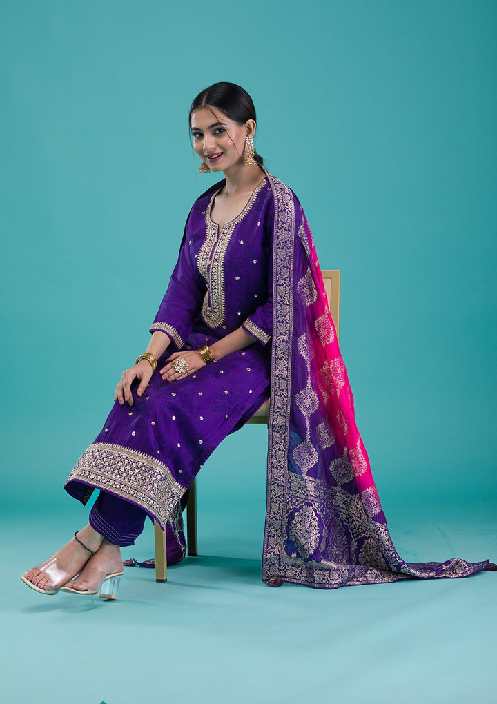 Purple Zariwork Crepe Readymade Salwar Suit-Koskii