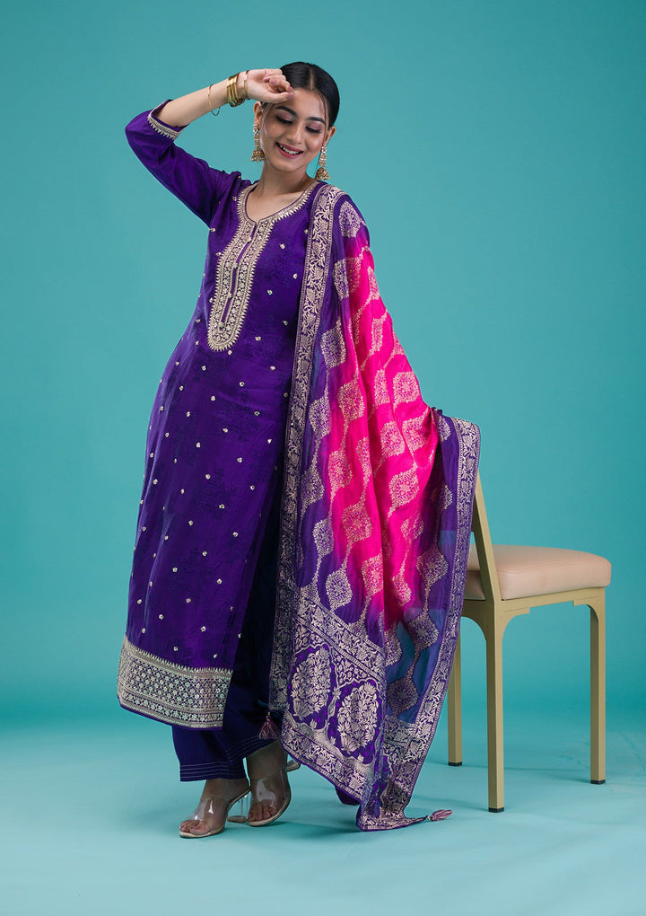 Purple Zariwork Crepe Readymade Salwar Suit-Koskii