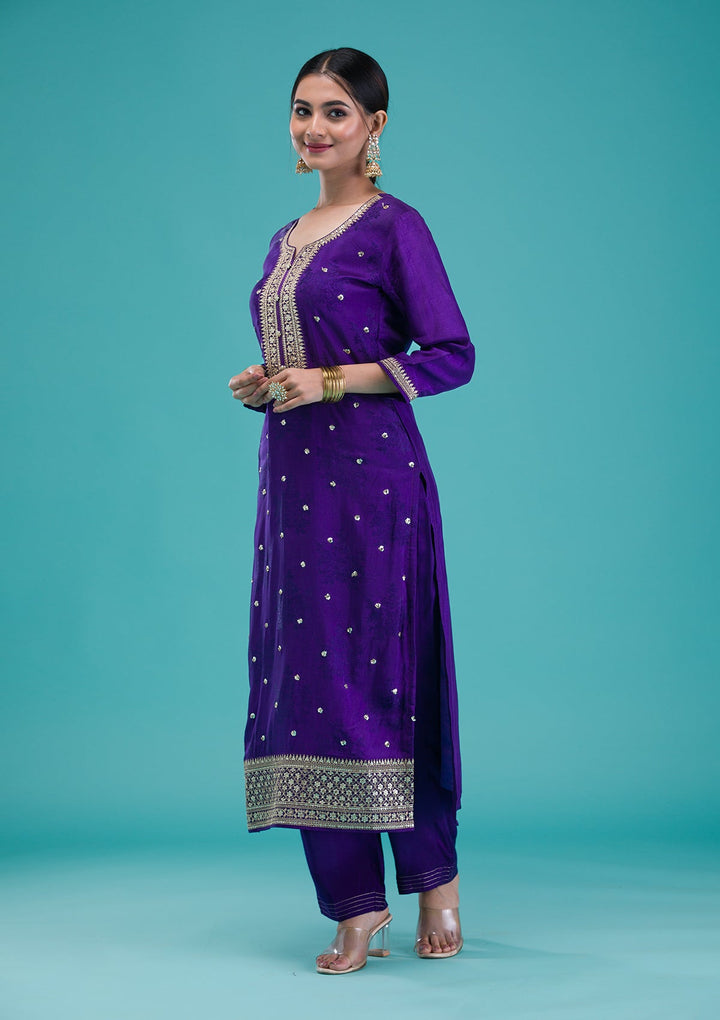 Purple Zariwork Crepe Readymade Salwar Suit-Koskii