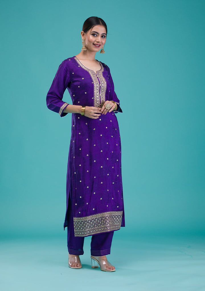 Purple Zariwork Crepe Readymade Salwar Suit-Koskii