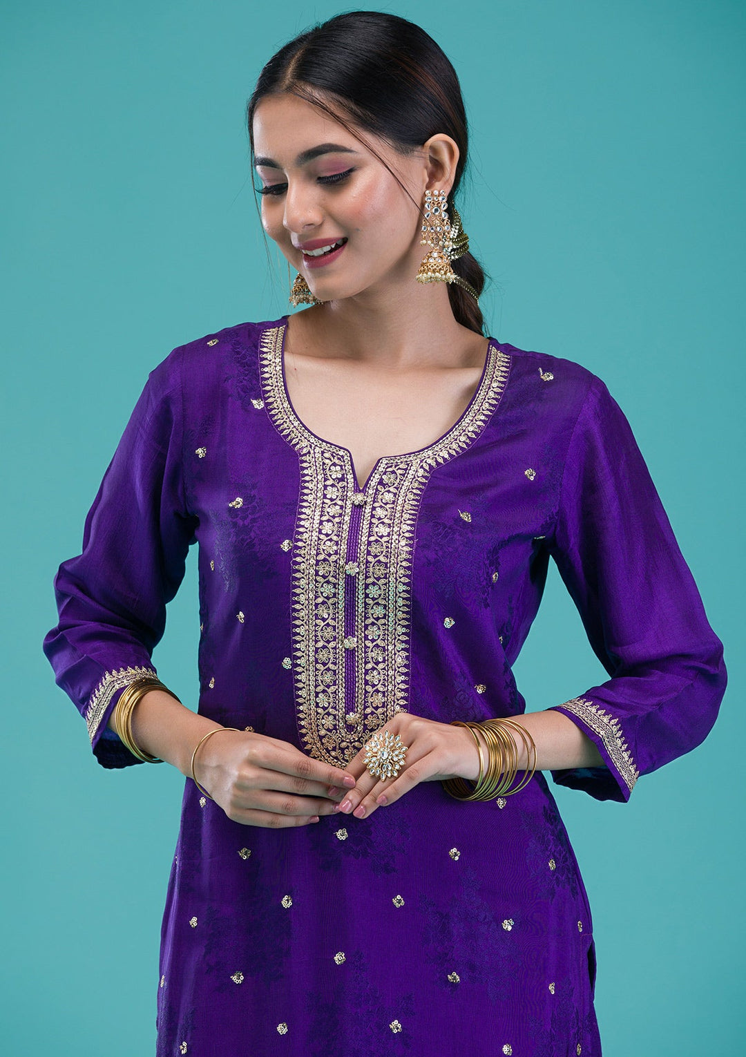 Purple Zariwork Crepe Readymade Salwar Suit-Koskii