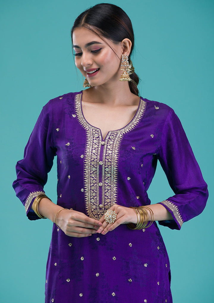 Purple Zariwork Crepe Readymade Salwar Suit-Koskii