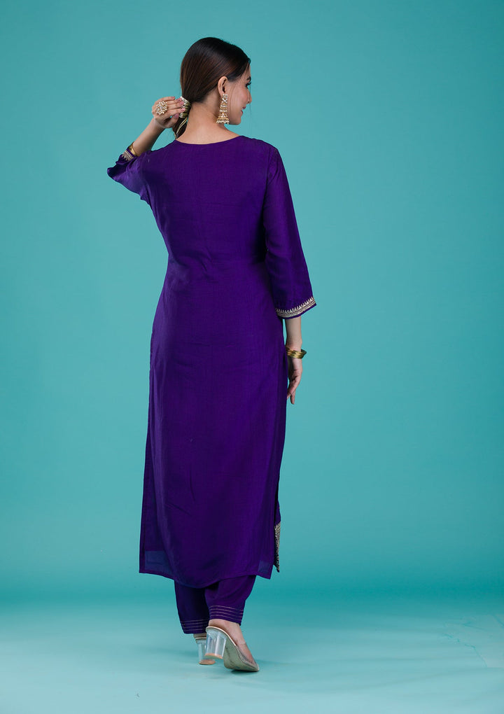 Purple Zariwork Crepe Readymade Salwar Suit-Koskii