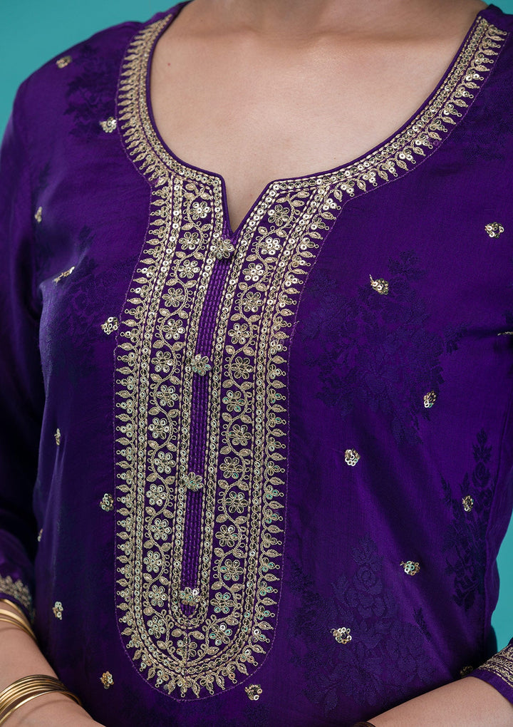 Purple Zariwork Crepe Readymade Salwar Suit-Koskii