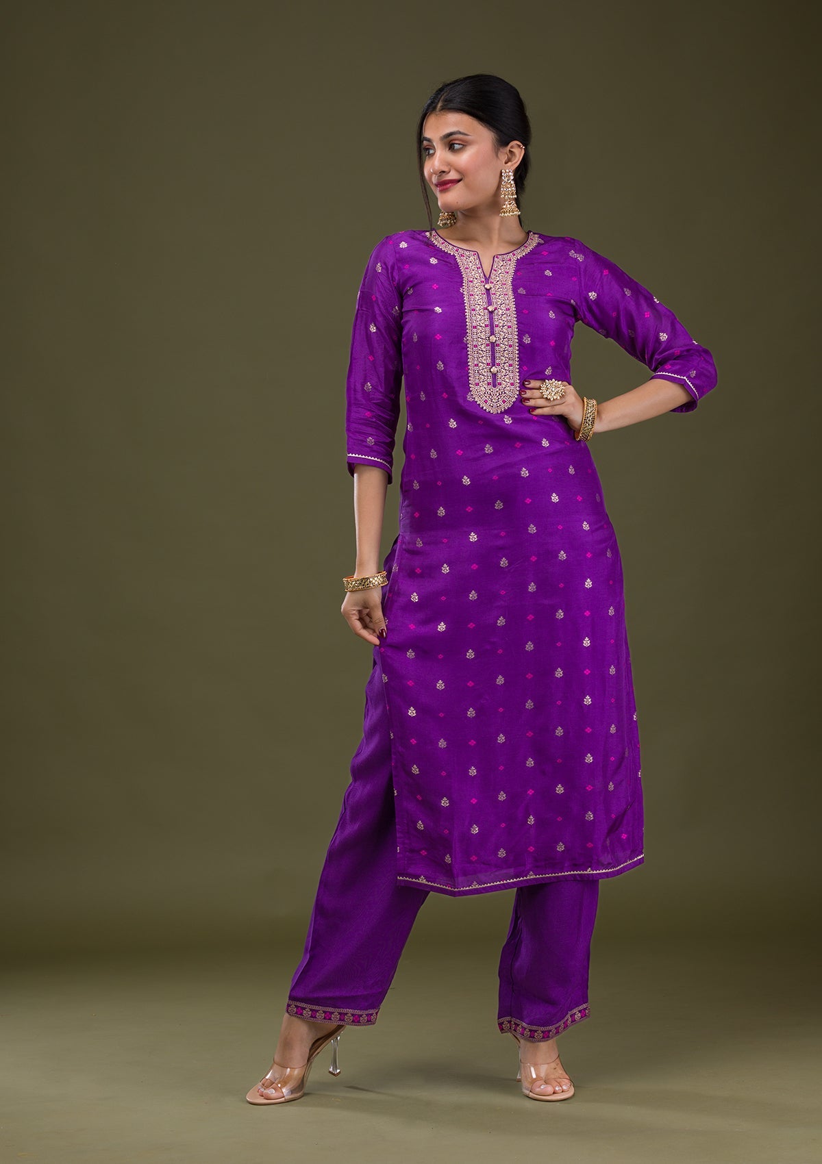 Purple Zariwork Crepe Readymade Salwar Suit-Koskii