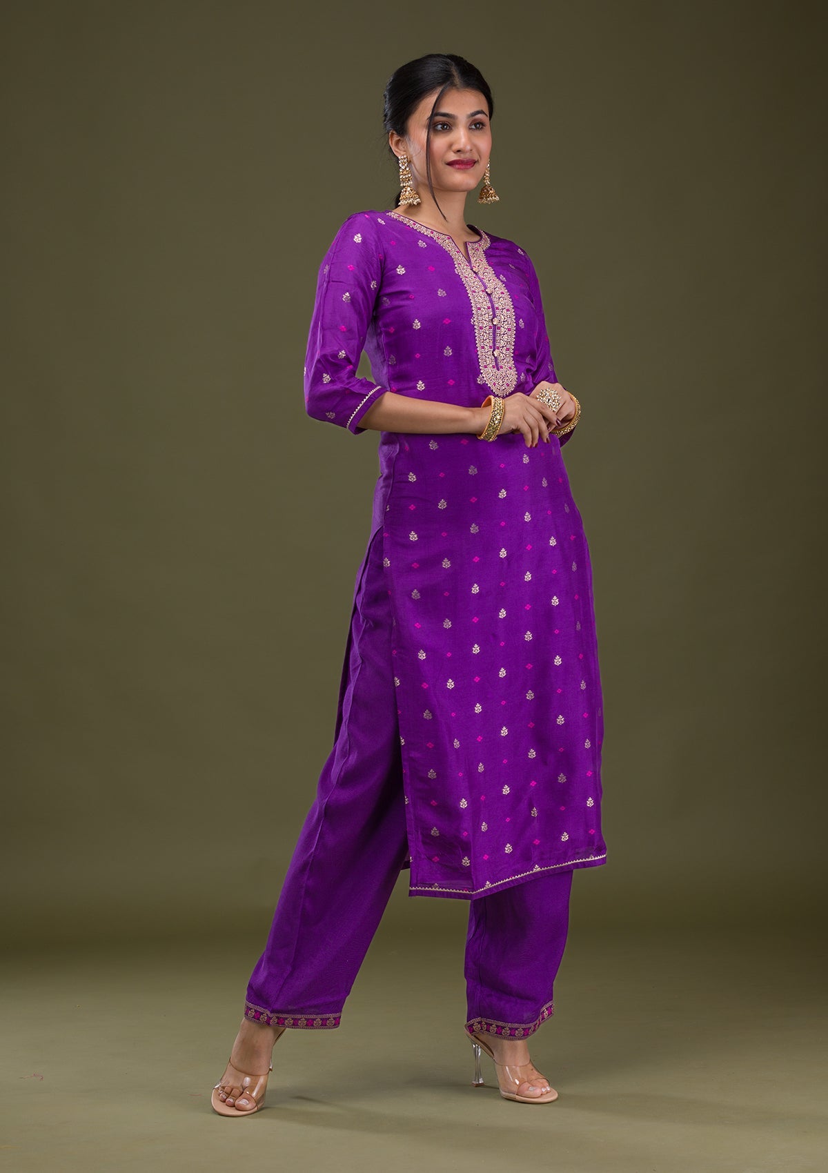 Purple Zariwork Crepe Readymade Salwar Suit-Koskii