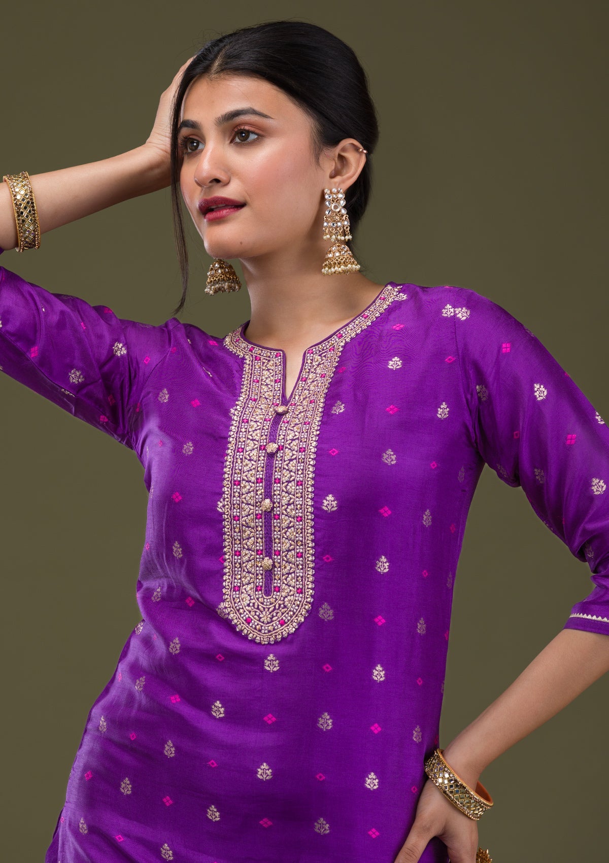 Purple Zariwork Crepe Readymade Salwar Suit-Koskii