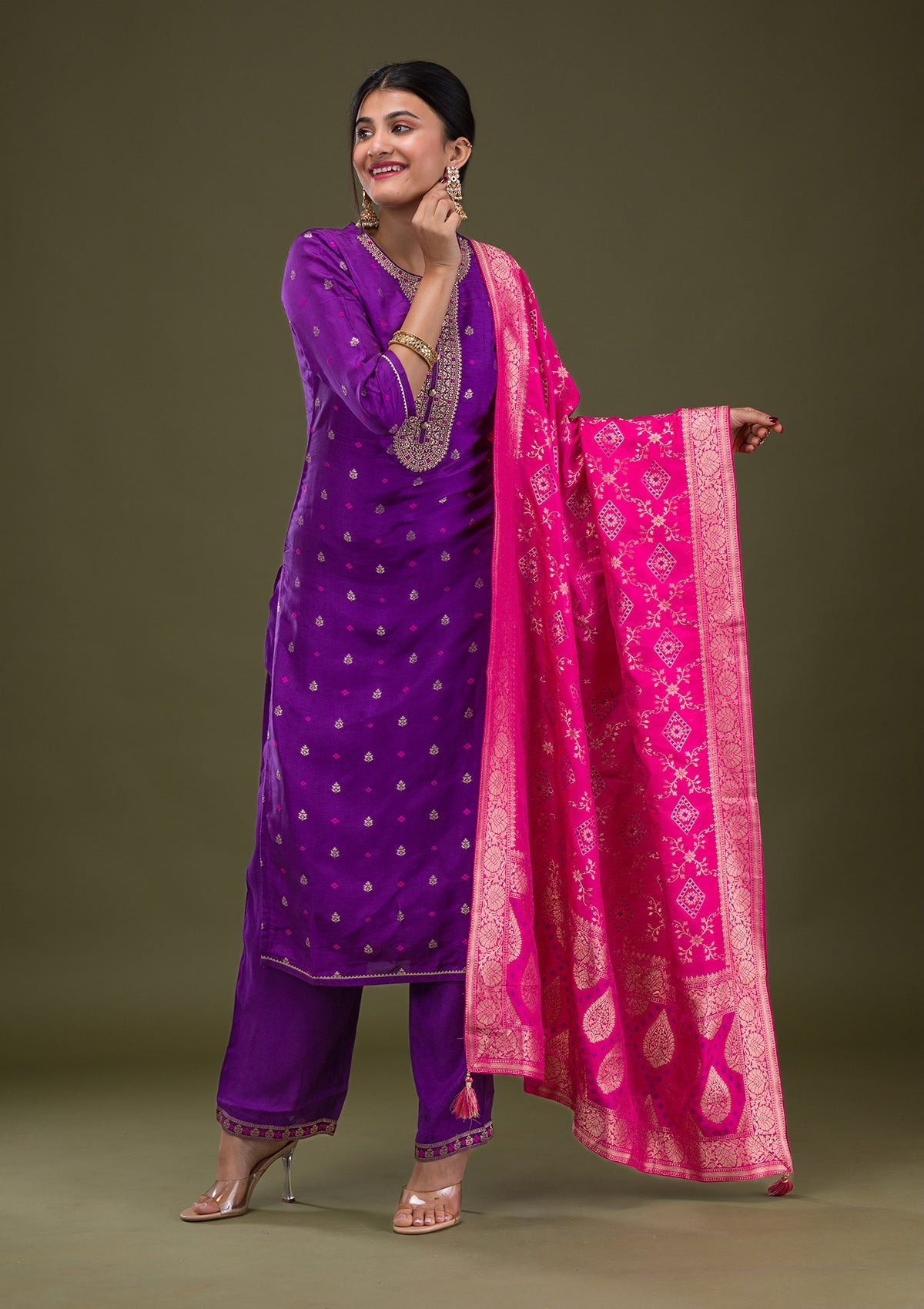 Purple Zariwork Crepe Readymade Salwar Suit-Koskii