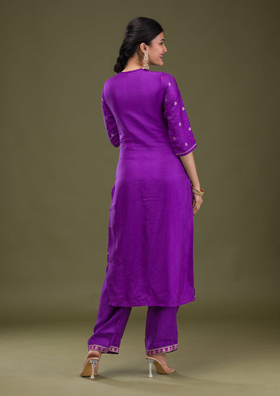 Purple Zariwork Crepe Readymade Salwar Suit-Koskii