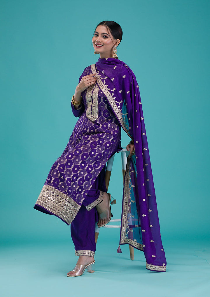 Purple Zariwork Crepe Readymade Salwar Suit-Koskii