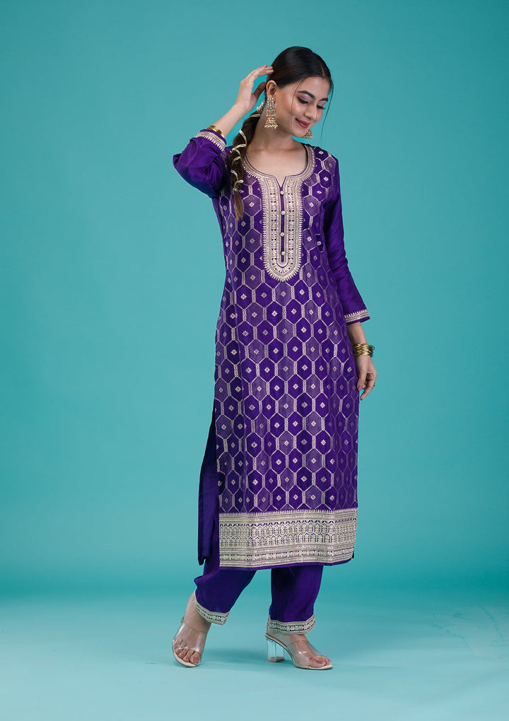 Purple Zariwork Crepe Readymade Salwar Suit-Koskii