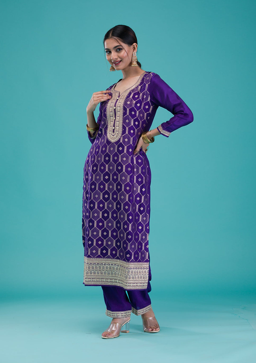 Purple Zariwork Crepe Readymade Salwar Suit-Koskii