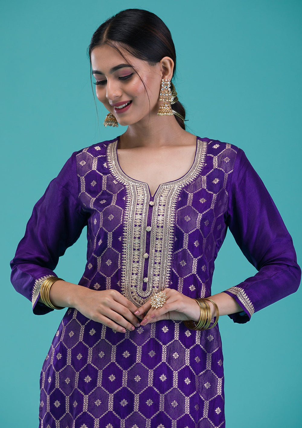 Purple Zariwork Crepe Readymade Salwar Suit-Koskii