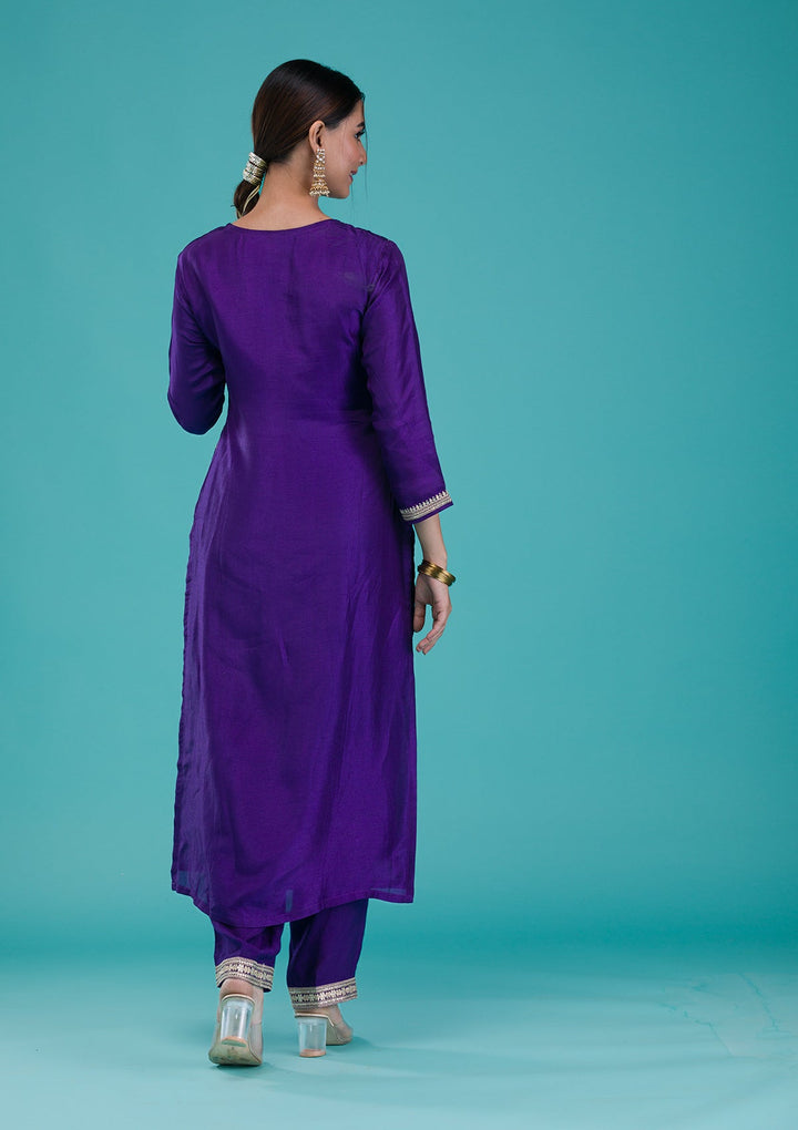 Purple Zariwork Crepe Readymade Salwar Suit-Koskii