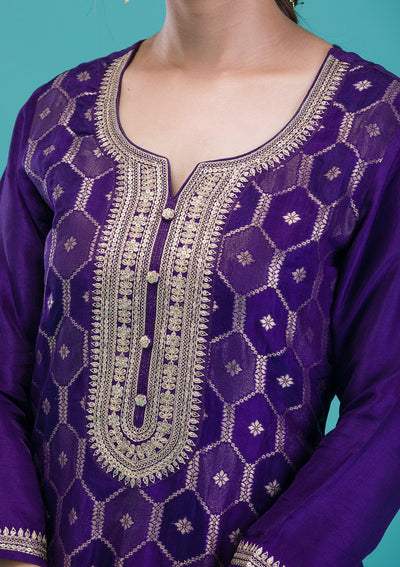 Purple Zariwork Crepe Readymade Salwar Suit-Koskii