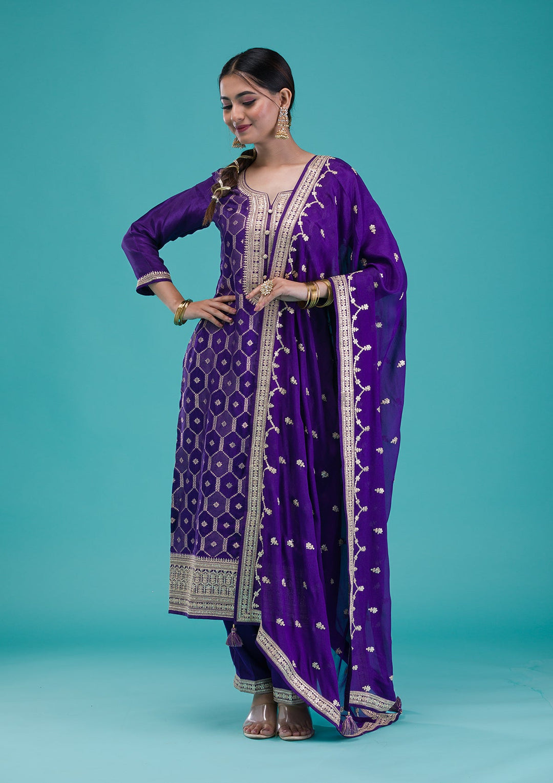 Purple Zariwork Crepe Readymade Salwar Suit-Koskii