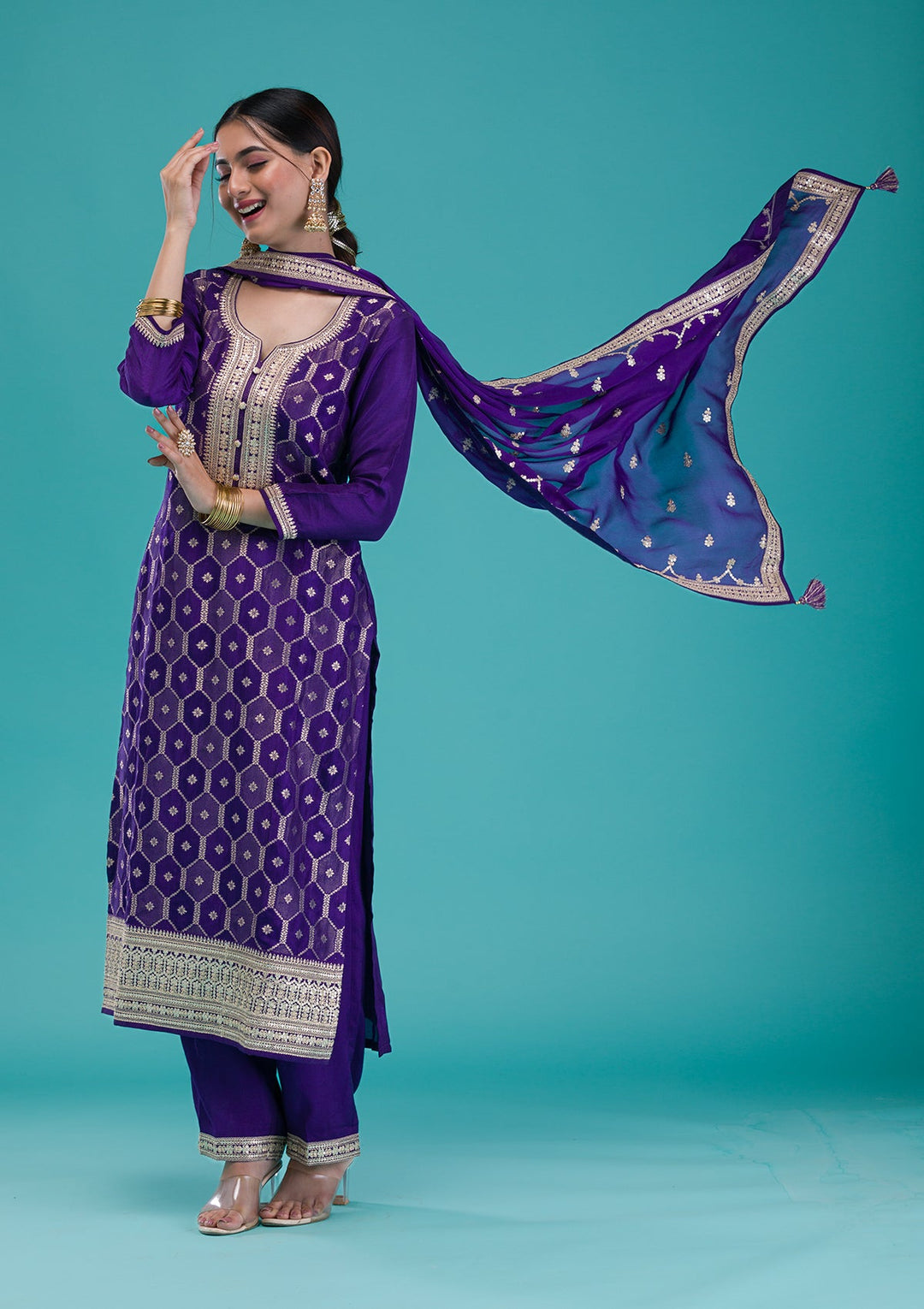 Purple Zariwork Crepe Readymade Salwar Suit-Koskii