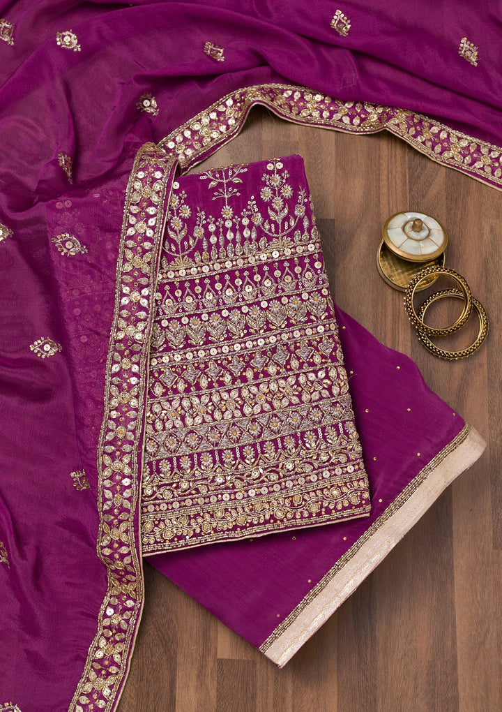 Purple Zariwork Crepe Unstitched Salwar Suit-Koskii