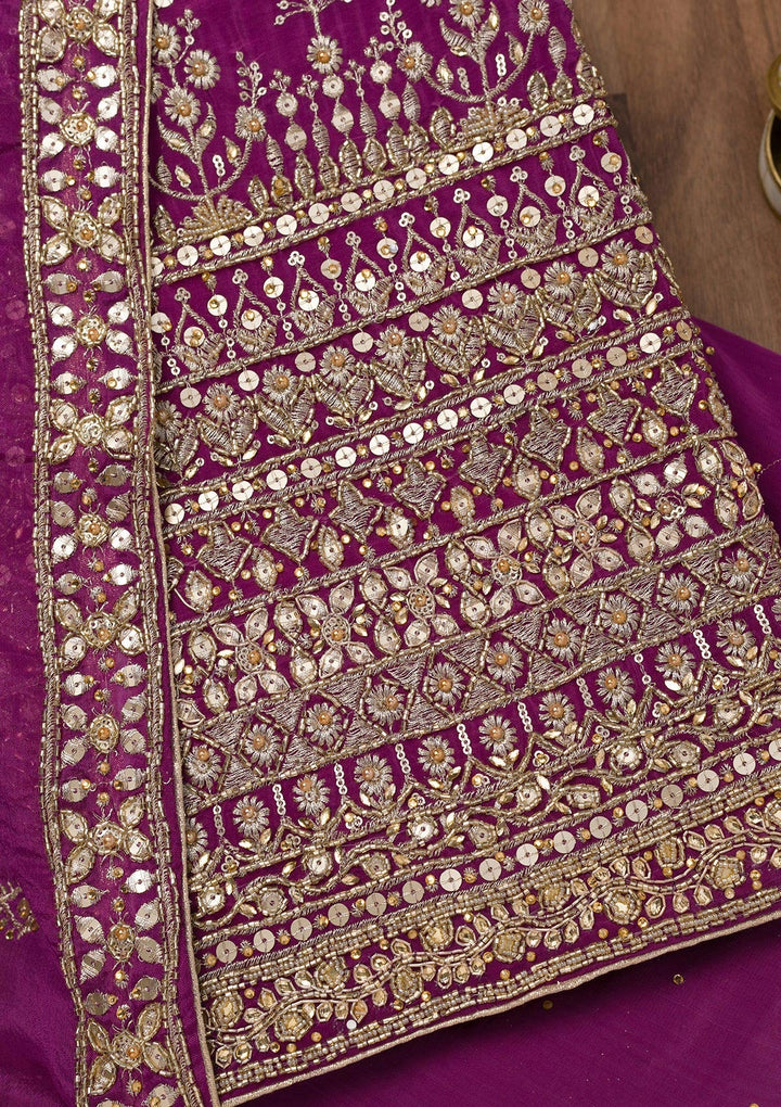 Purple Zariwork Crepe Unstitched Salwar Suit-Koskii