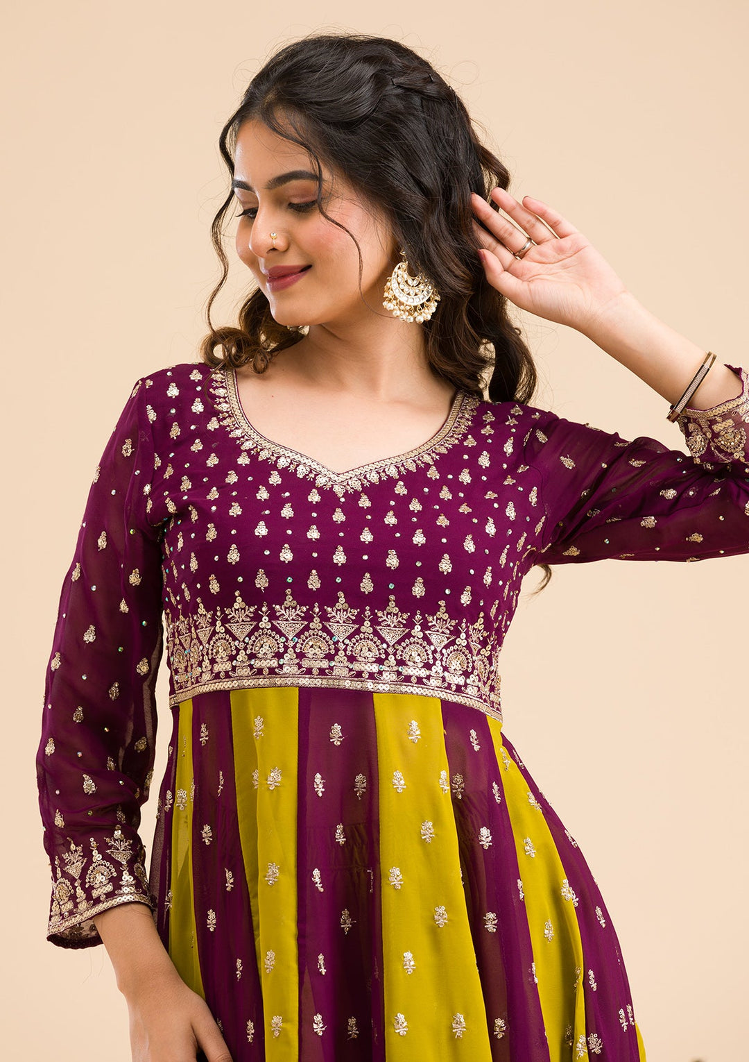 Purple Zariwork Georgette Readymade Salwar Kameez-Koskii