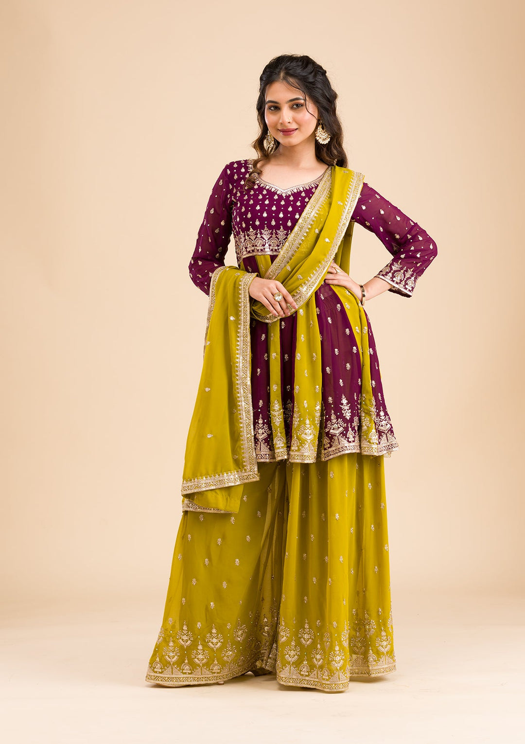 Purple Zariwork Georgette Readymade Salwar Kameez-Koskii
