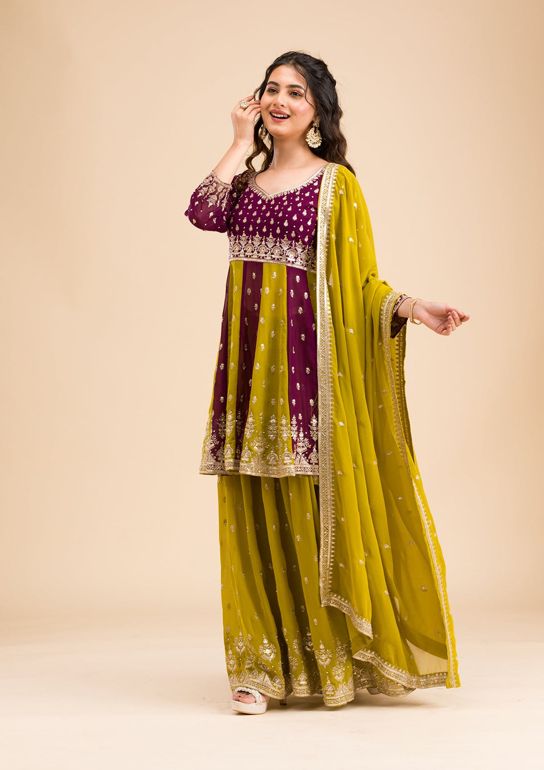 Purple Zariwork Georgette Readymade Salwar Kameez-Koskii