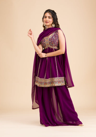 Purple Zariwork Georgette Readymade Salwar Kameez-Koskii