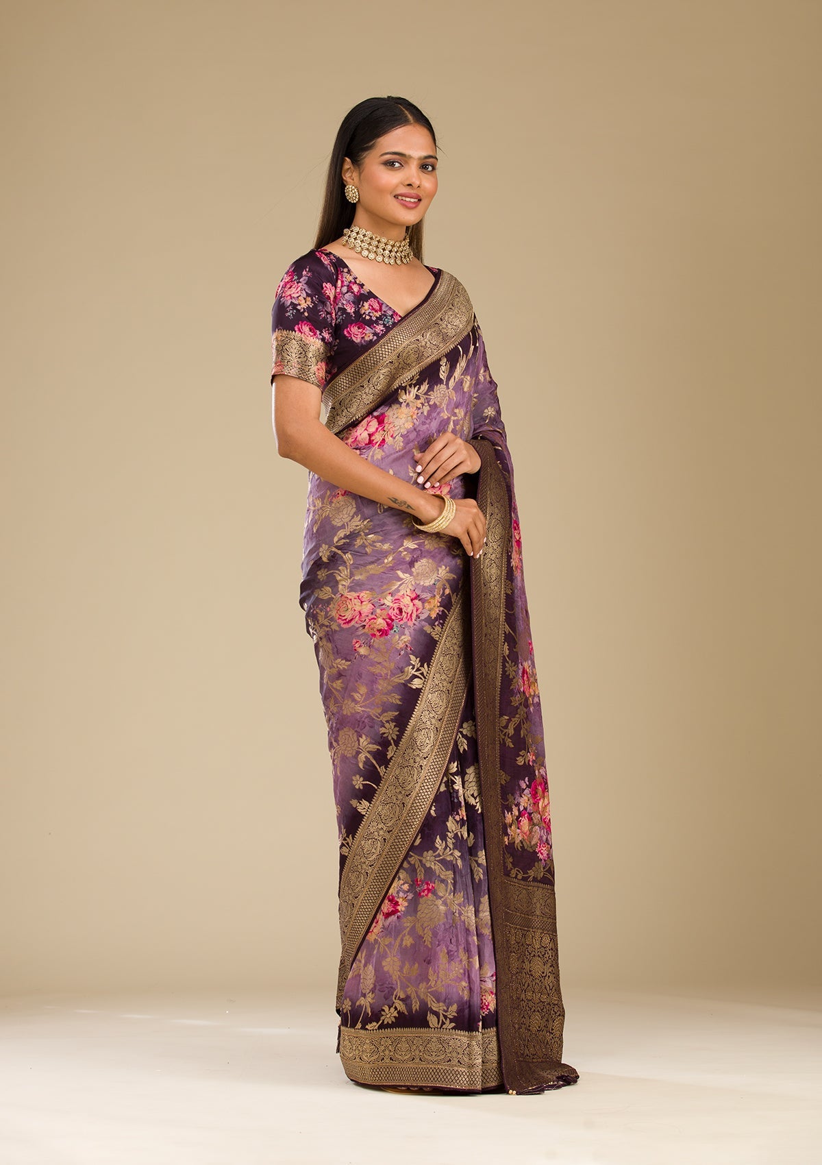 Purple Zariwork Georgette Saree-Koskii