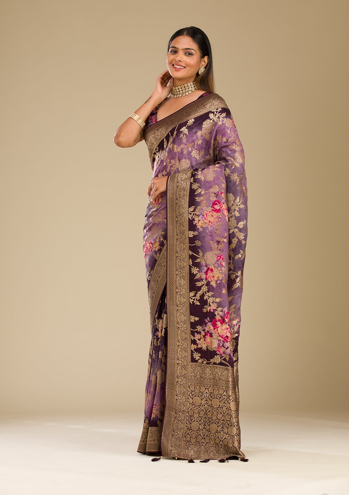 Purple Zariwork Georgette Saree-Koskii