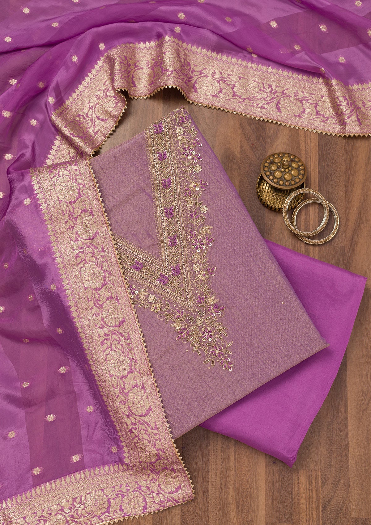 Purple Zariwork Raw Silk Unstitched Salwar Suit-Koskii